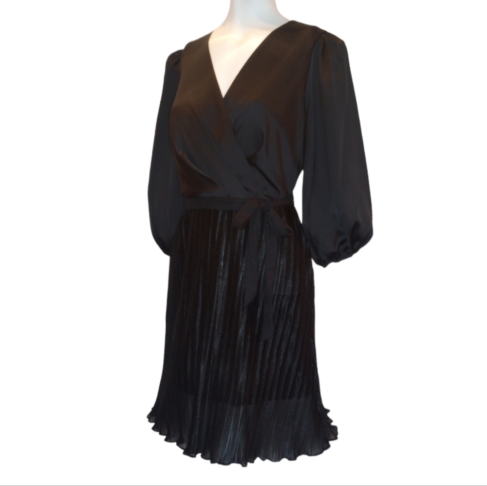 DKNY Black Pleated Balloon Sleeve Faux Wrap V-Neck Lined Women's Party Dress 2